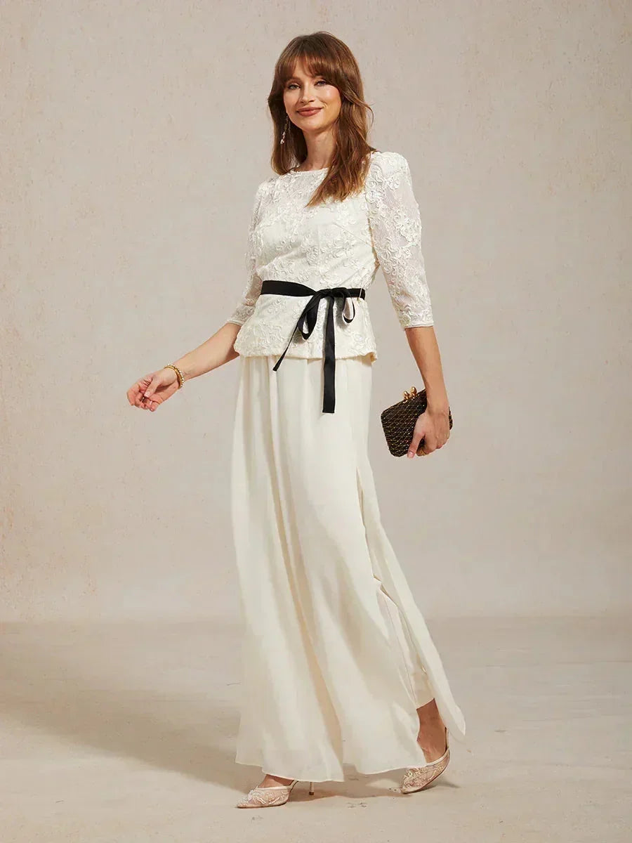 Pantalon droit avec surjupe fendue en mousseline