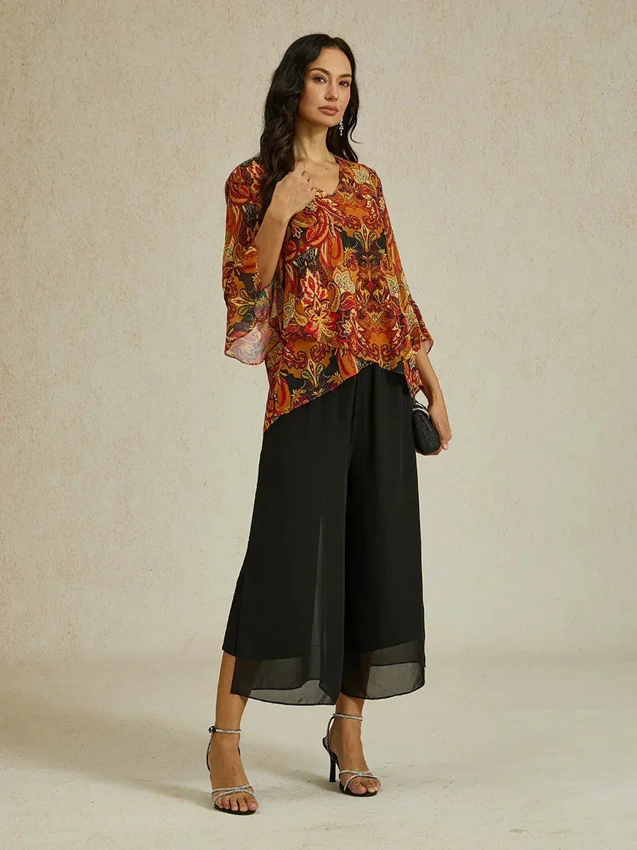 Cropped Length Straight Leg Pant With Chiffon Split Leg Overlay