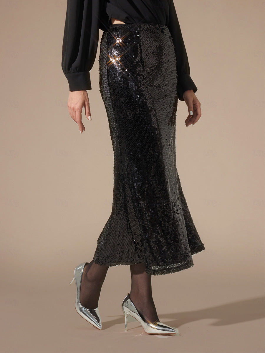 Sequin Mermaid Skirt with Elastic Waist and Lining