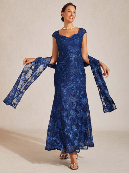 Rosette Lace Cap Sleeve V-neck Mermaid Gown