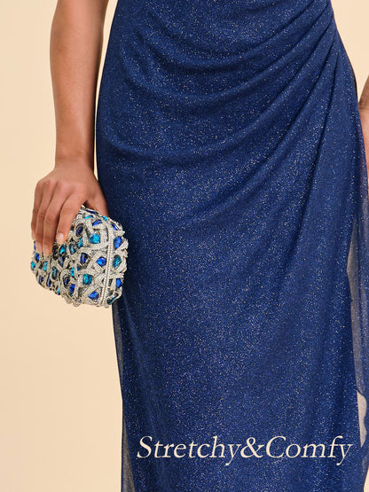 Ankle-Length Cold Shoulder Glitter Mesh Dress