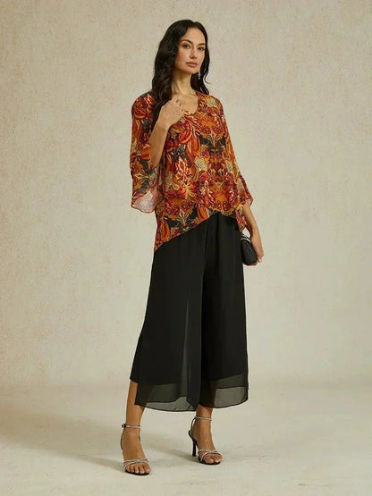 Cropped Length Straight Leg Pant With Chiffon Split Leg Overlay