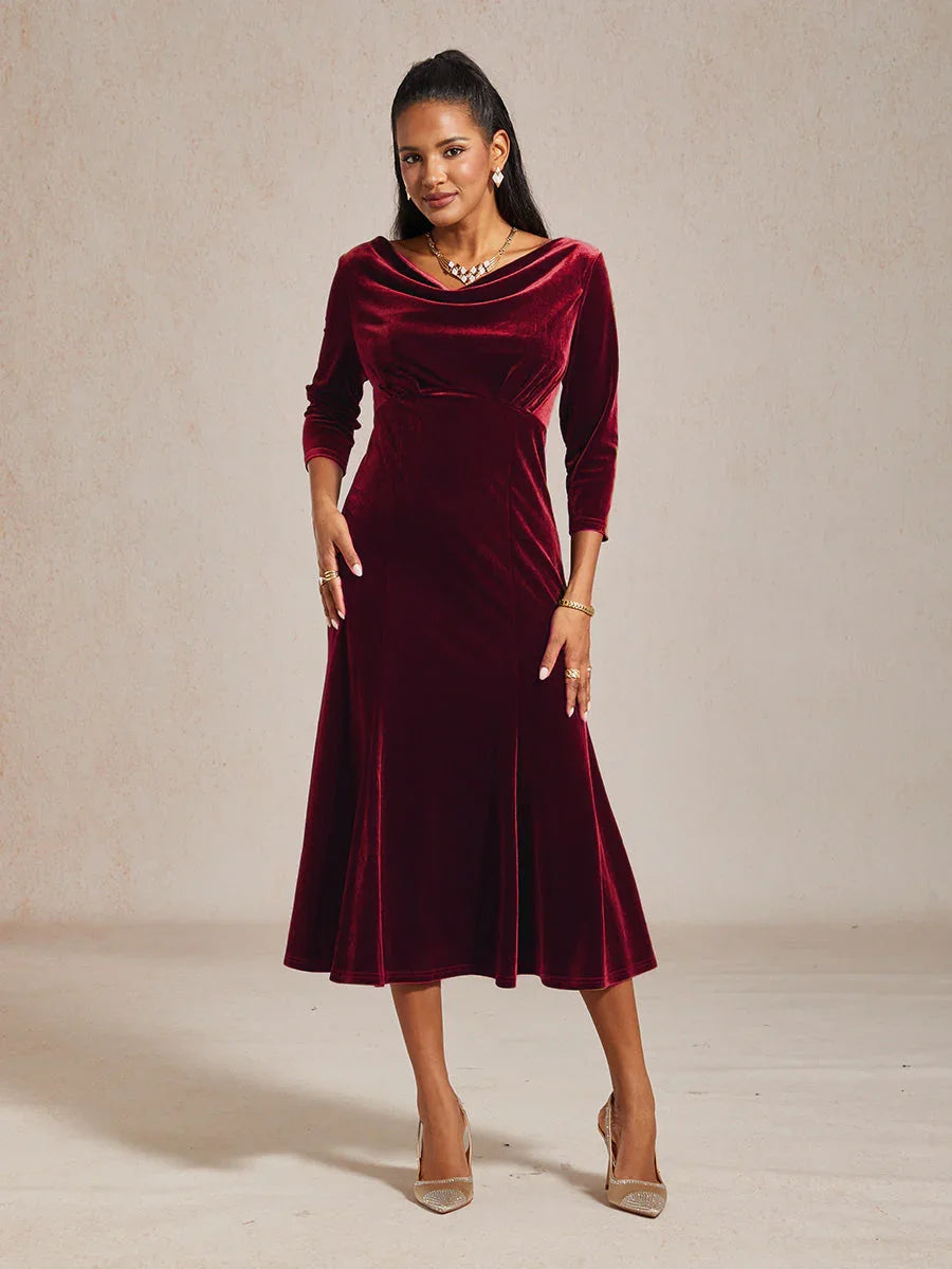 High-Stretch Velvet Sleeveless Midi Dress with Cowl Neck