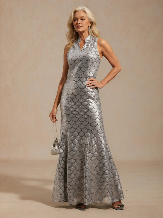 Sleeveless Fitted Mermaid Dress with Sequins