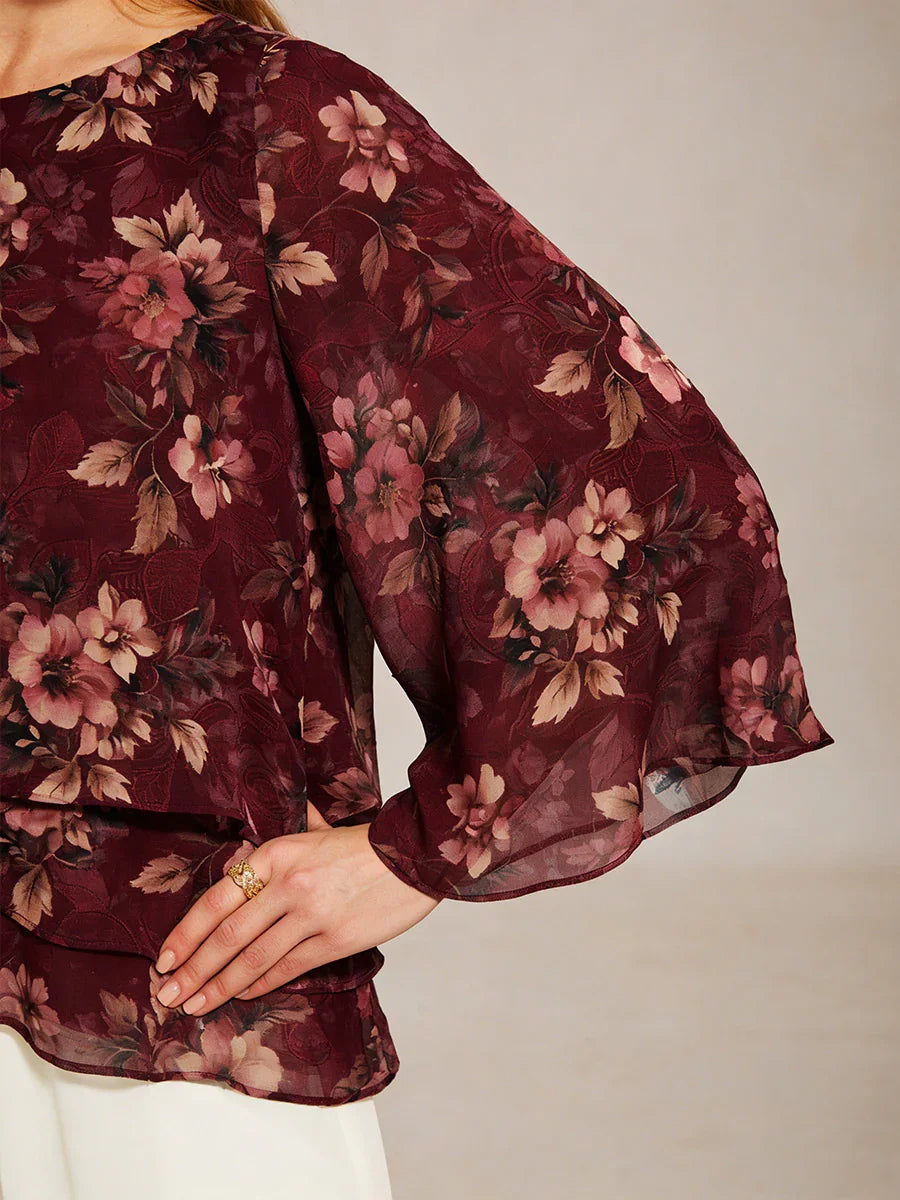 Lace Chiffon Layered Blouse with Floral Print
