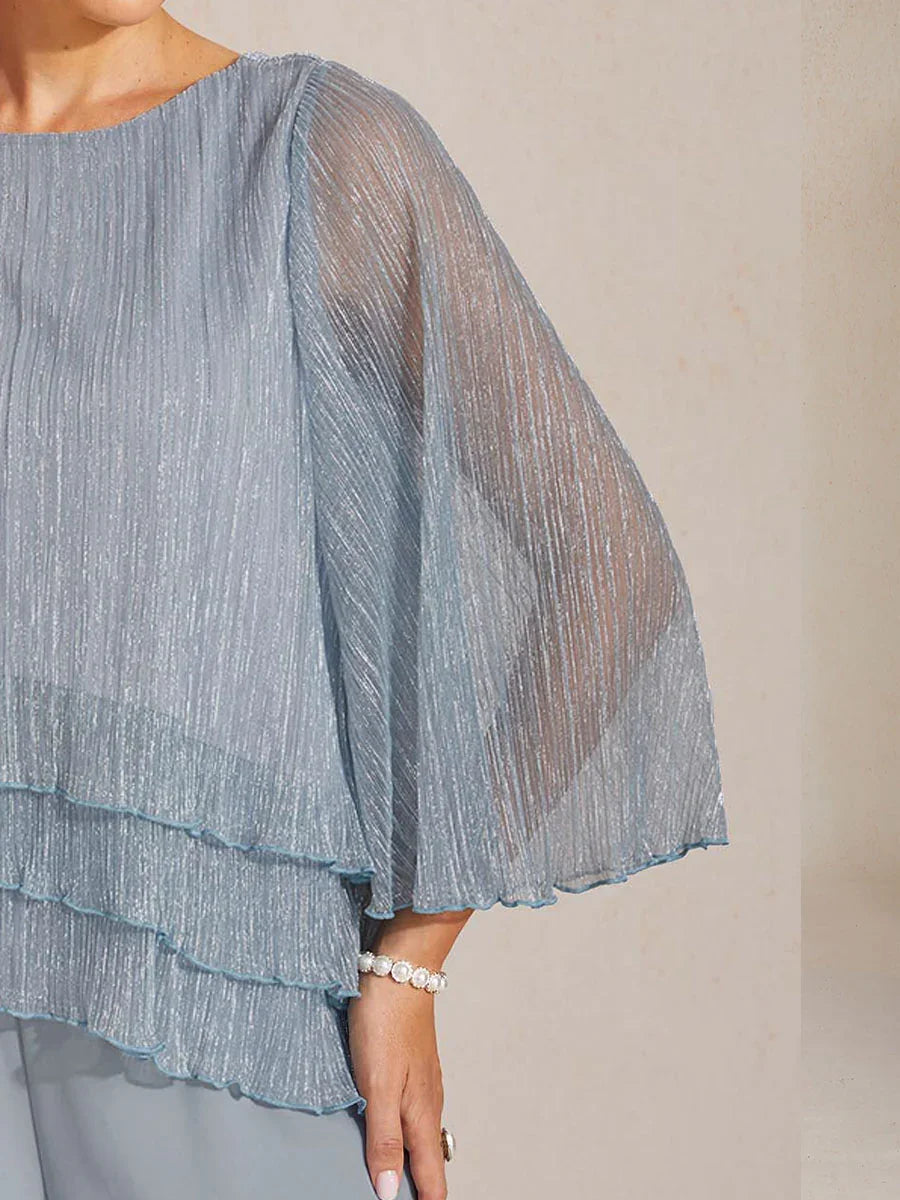Metallic Pleated Chiffon Asymmetrical Layered Blouse