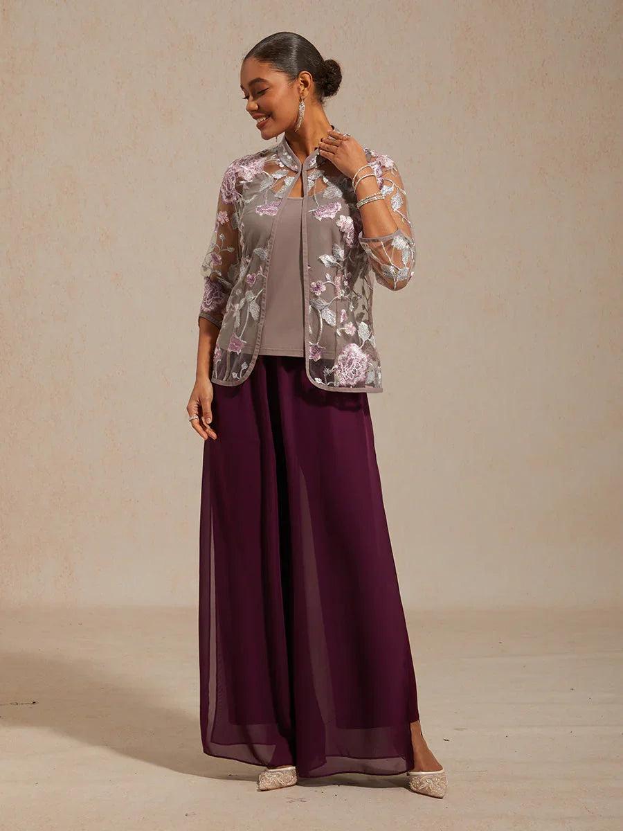 Floral Embroidered Mandarin Collar Twinset