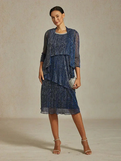 Metallic Pleated Chiffon Long Jacket with Layered Design