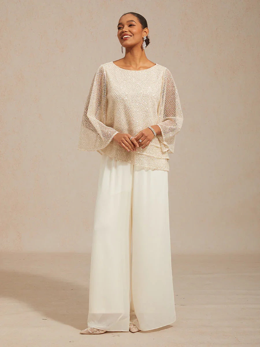 Bell Sleeves Mesh Sequin Layered Top