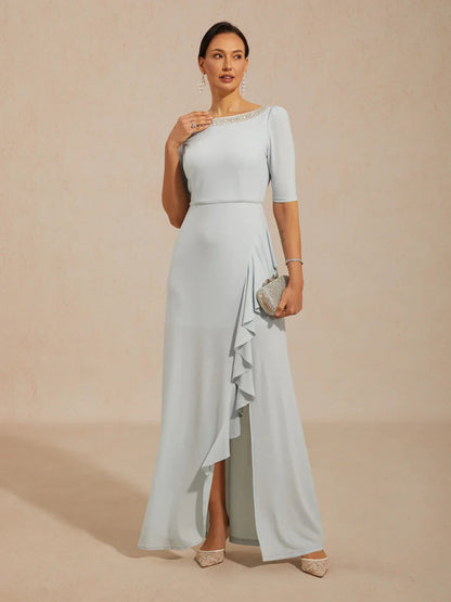 Boat Neck Ruffle A-Line Maxi Dress with Rhinestone Neck Detail