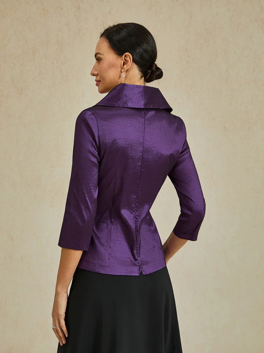 3/4 Sleeve Stretch Taffeta Blouse with Tie Waist Detail
