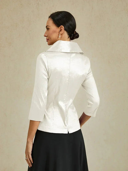 3/4 Sleeve Stretch Taffeta Blouse with Tie Waist Detail