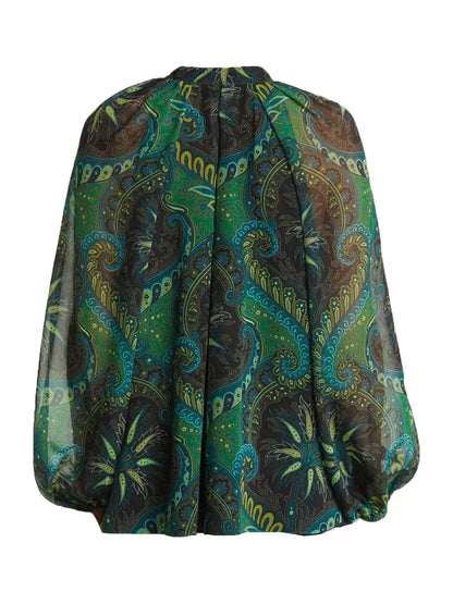 Paisley Chiffon Peasant Blouse with Long Lantern Sleeves