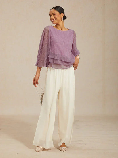 Metallic Pleated Chiffon Asymmetrical Layered Blouse