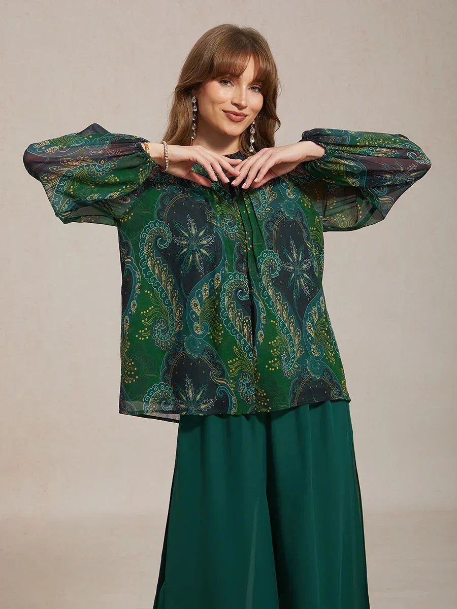 Paisley Chiffon Peasant Blouse with Long Lantern Sleeves
