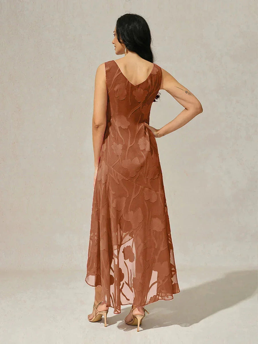 Floral Chiffon Sleeveless Evening Gown with Asymmetrical Hem