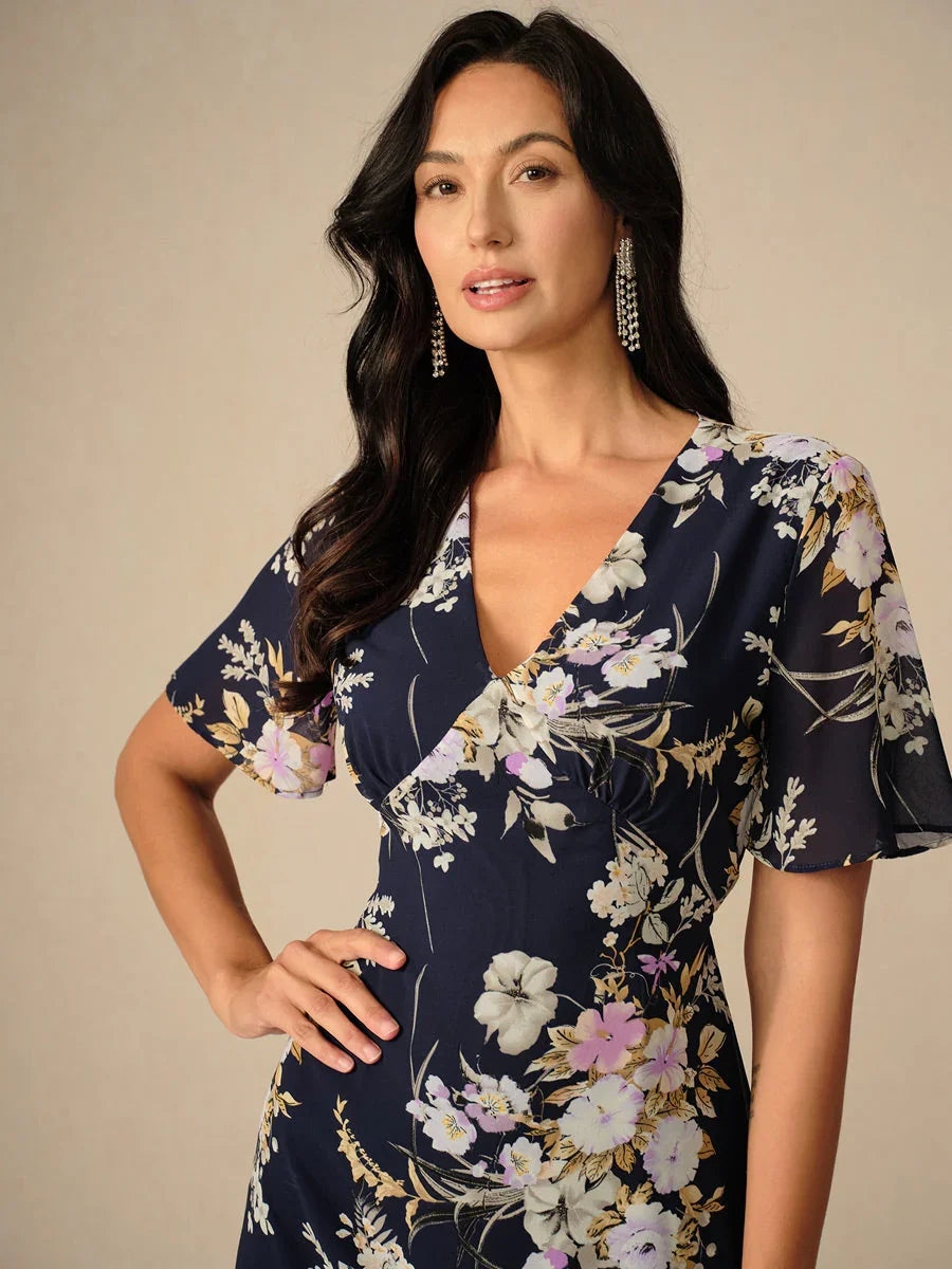 Floral Chiffon V Neck Ruffle Midi Dress