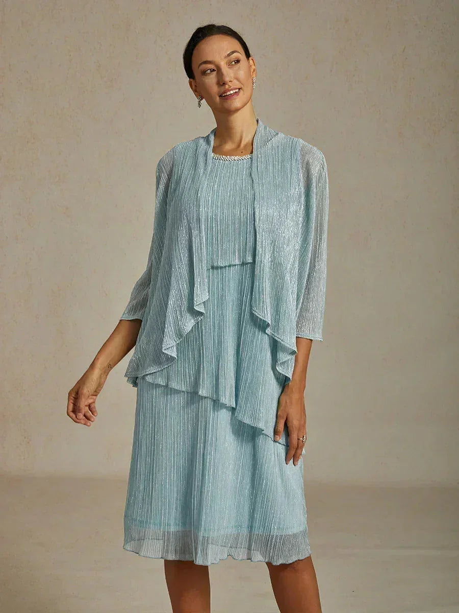 Metallic Pleated Chiffon Long Jacket with Layered Design