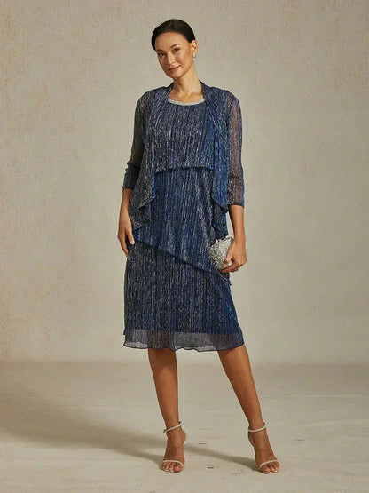 Metallic Pleated Chiffon Long Jacket Dress