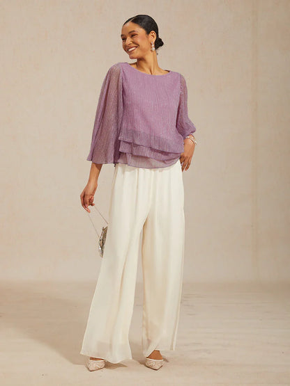 Asymmetrische Lagenbluse aus metallisch schimmerndem, plissiertem Chiffon