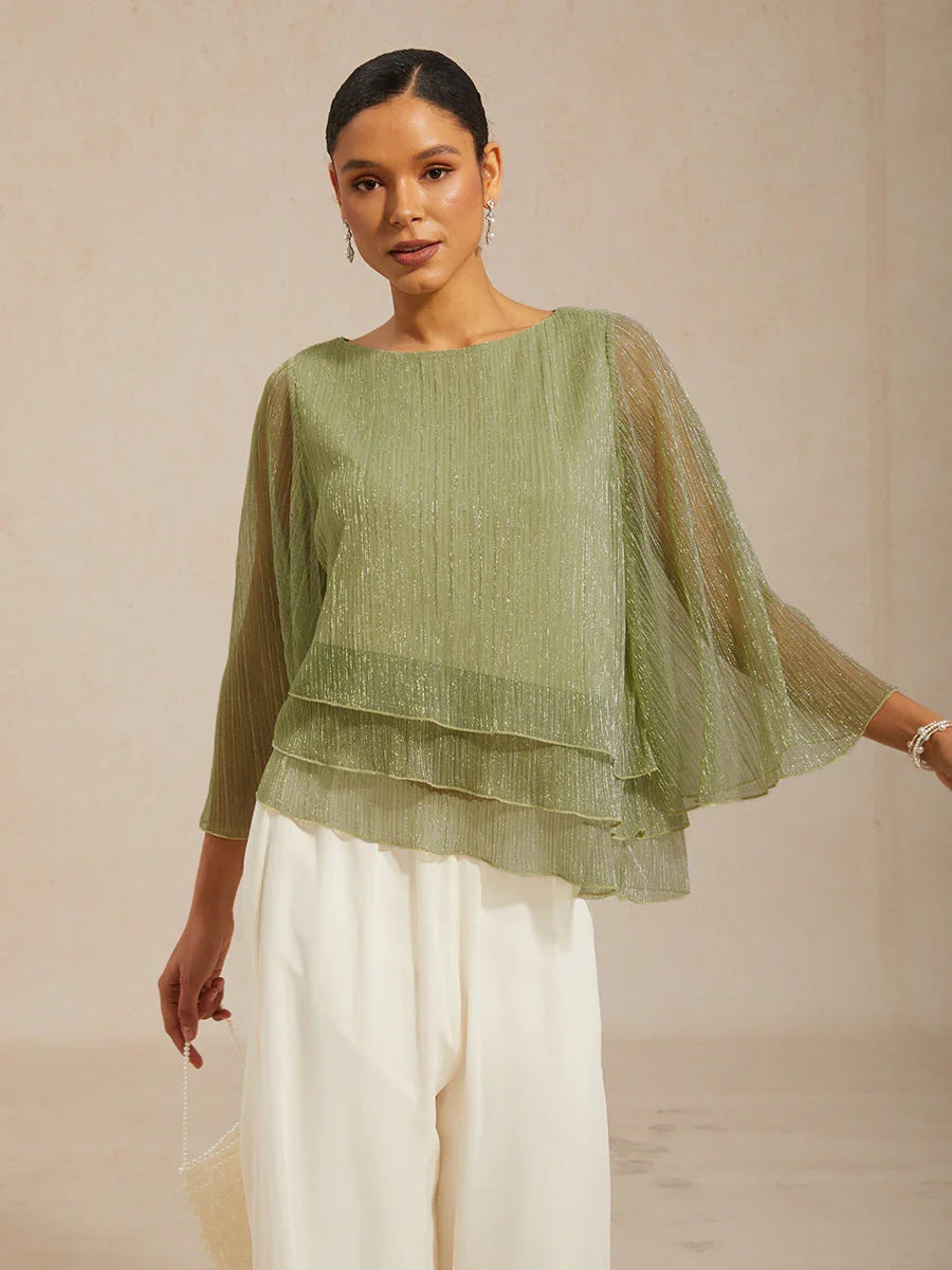 Asymmetrische Lagenbluse aus metallisch schimmerndem, plissiertem Chiffon