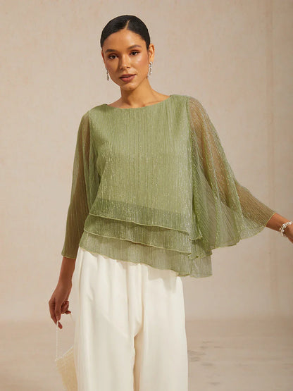 Asymmetrische Lagenbluse aus metallisch schimmerndem, plissiertem Chiffon