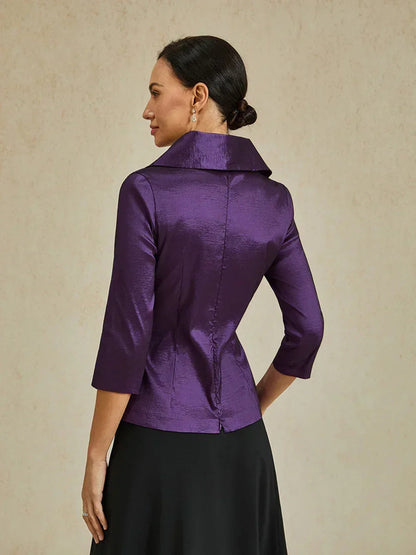 3/4 Sleeve Stretch Taffeta Blouse with Tie Waist Detail