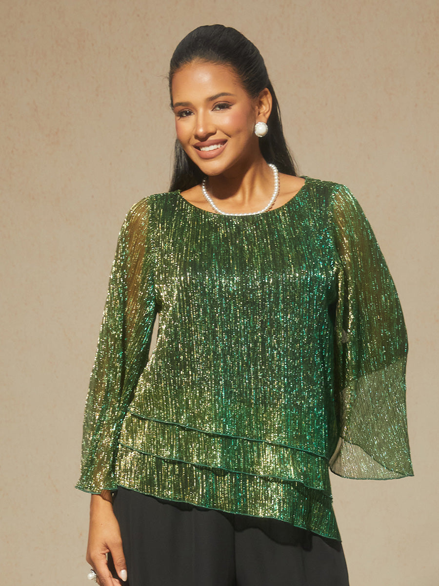 Metallic Pleated Chiffon Asymmetrical Layered Blouse