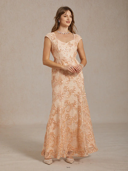 Rosette Lace Cap Sleeve V-neck Mermaid Gown
