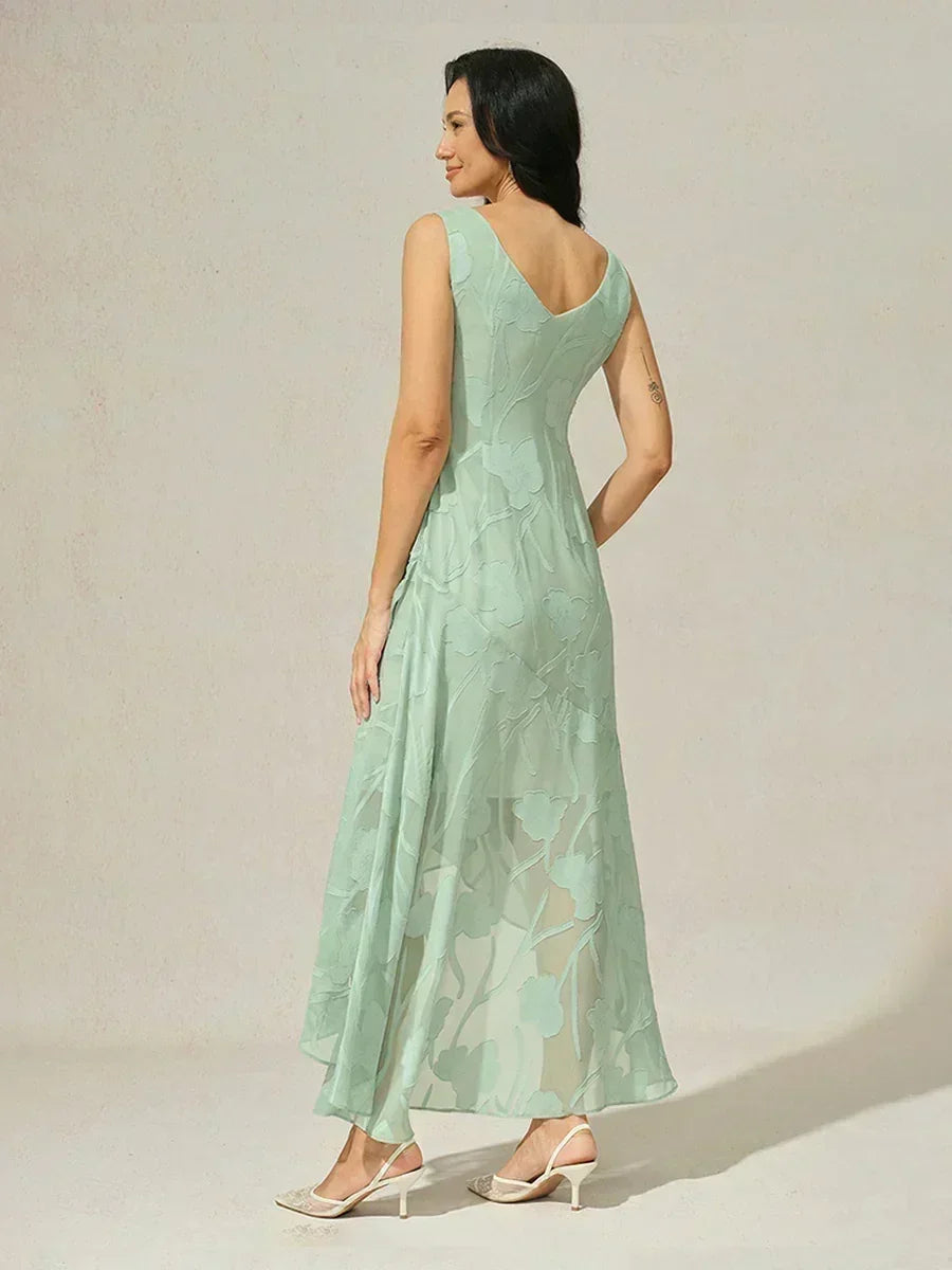 Floral Chiffon Sleeveless Evening Gown with Asymmetrical Hem