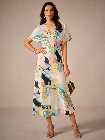 Satin Tie Dye Marble Print Maxi Dress