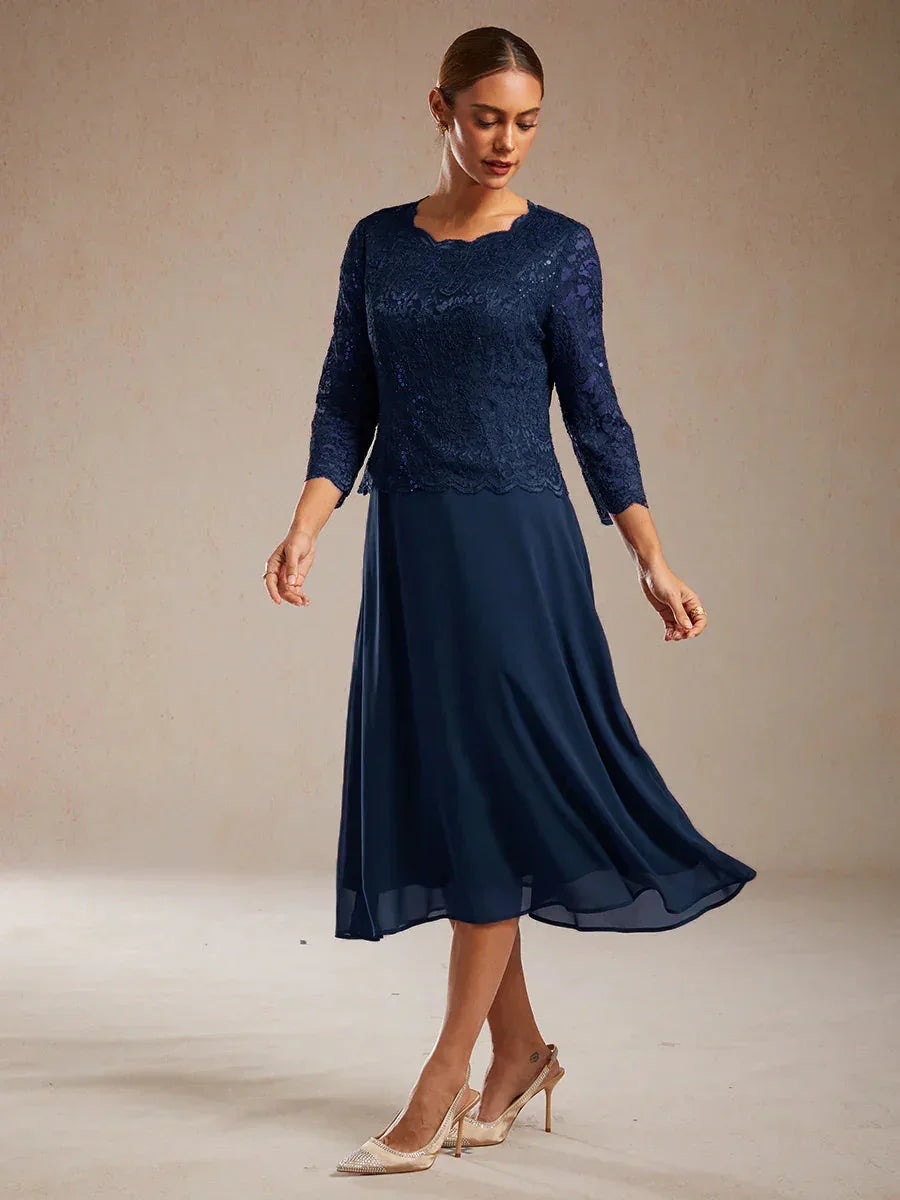 Elegant Lace and Chiffon Tea-Length Dress