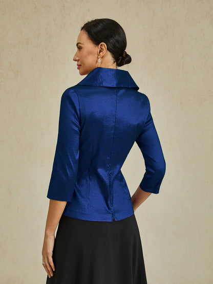 3/4 Sleeve Stretch Taffeta Blouse with Tie Waist Detail