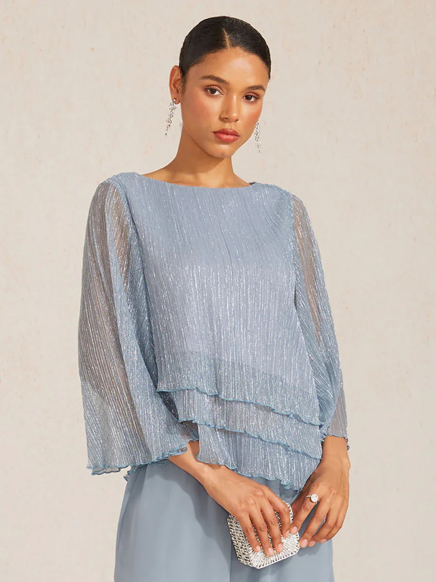 Metallic Pleated Chiffon Asymmetrical Layered Blouse