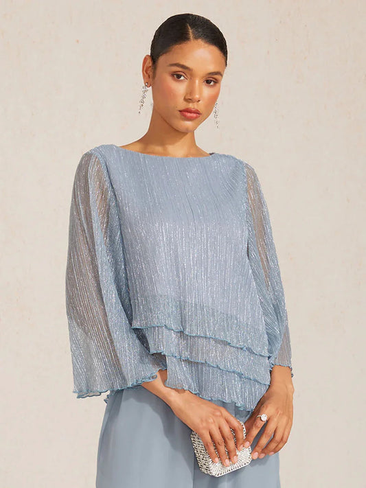 Metallic Pleated Chiffon Asymmetrical Layered Blouse