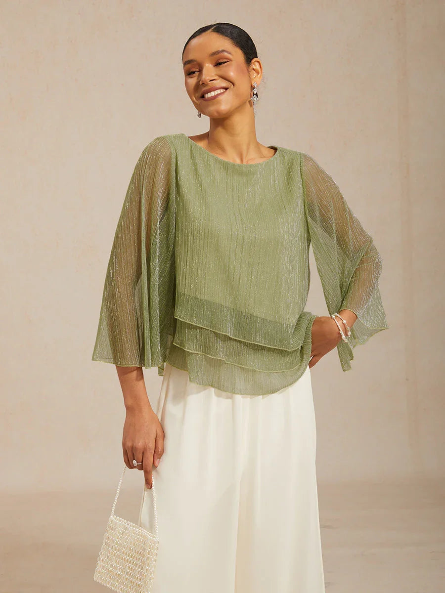 Asymmetrische Lagenbluse aus metallisch schimmerndem, plissiertem Chiffon