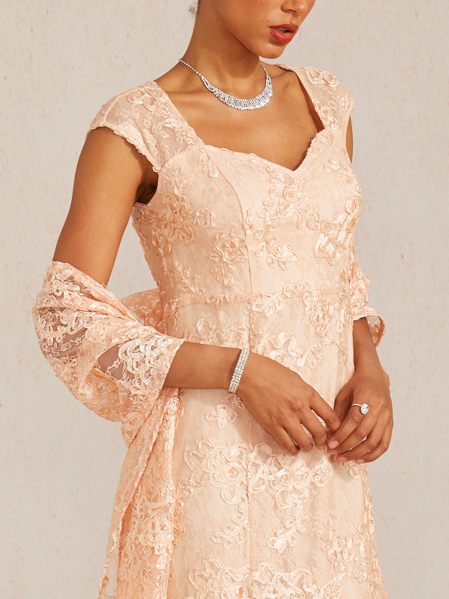 Rosette Lace Cap Sleeve V-neck Mermaid Gown