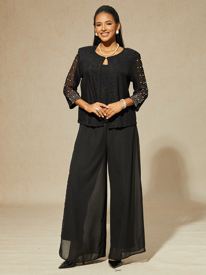 Beaded 3/4 Sleeve Metallic Knit Blouse