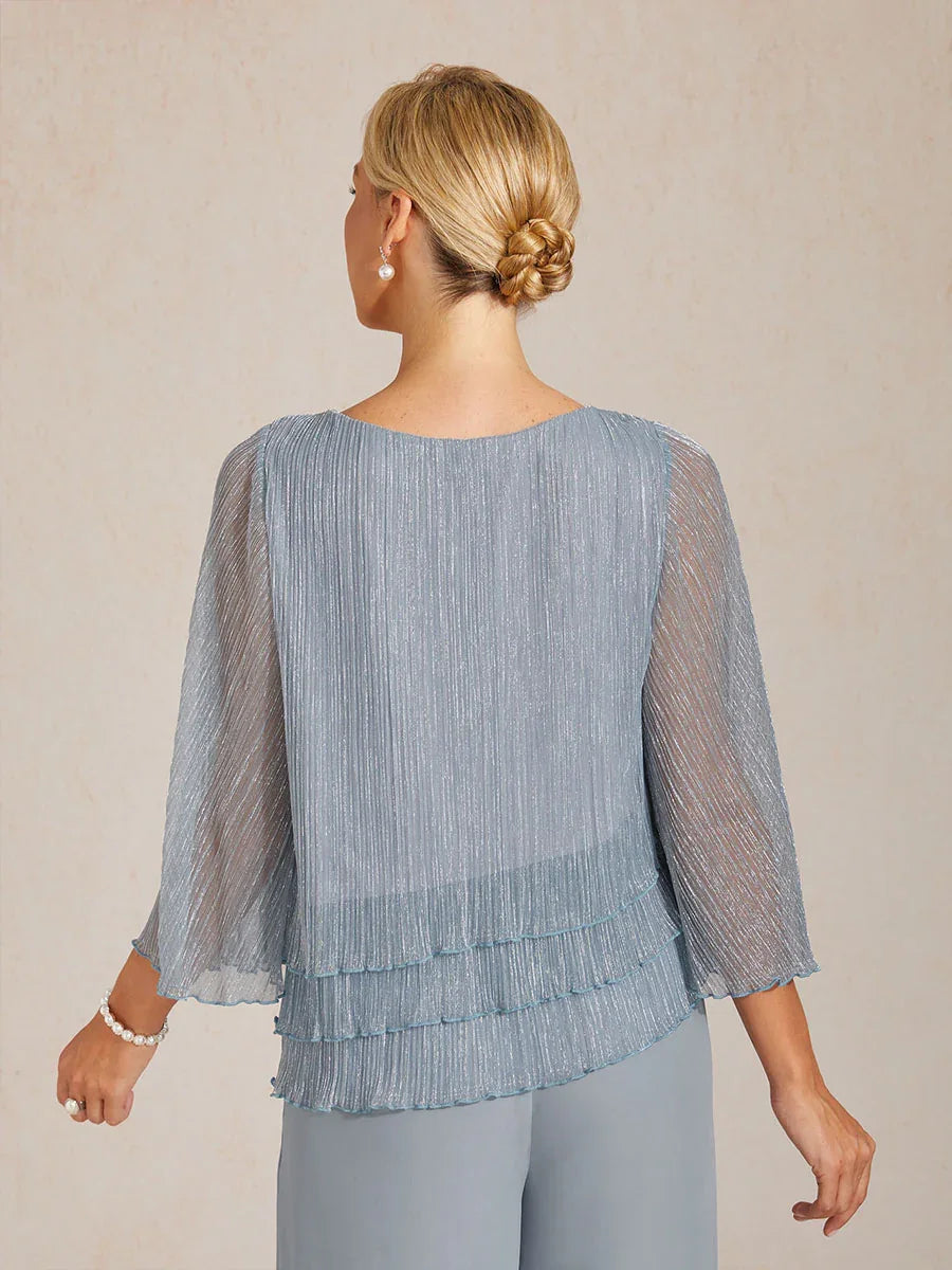 Metallic Pleated Chiffon Asymmetrical Layered Blouse