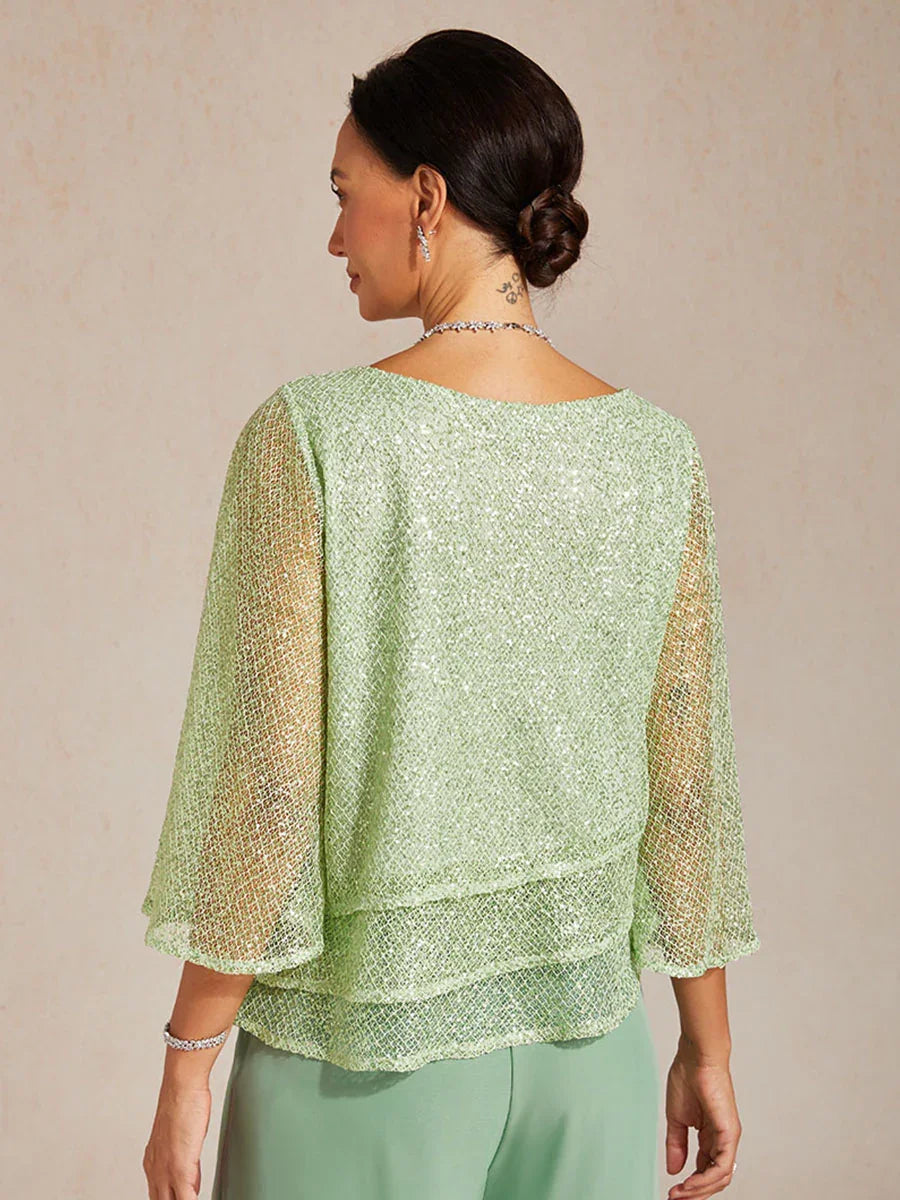 Bell Sleeves Mesh Sequin Layered Top