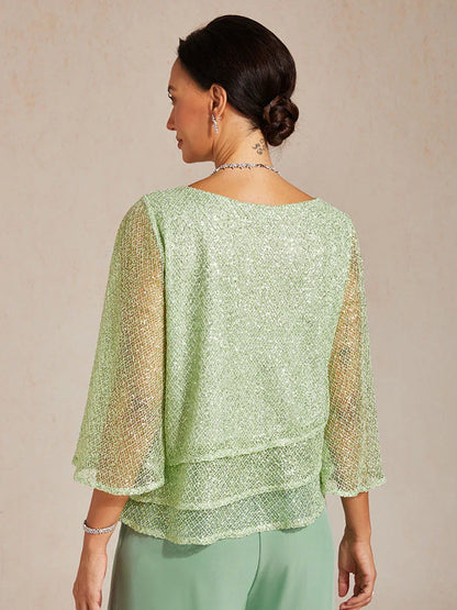 Bell Sleeves Mesh Sequin Layered Top