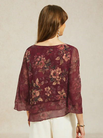 Lace Chiffon Layered Blouse with Floral Print