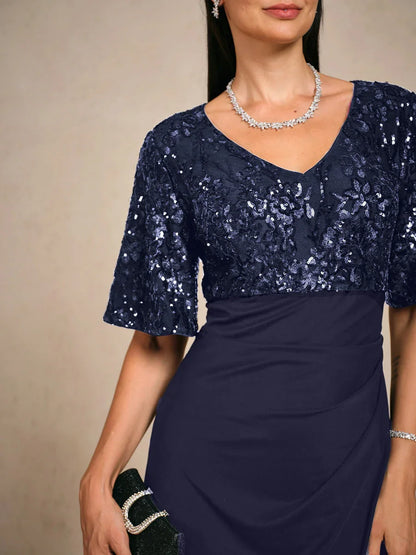 Embroidered Sequin Empire Waist Gown with Flutter Sleeves