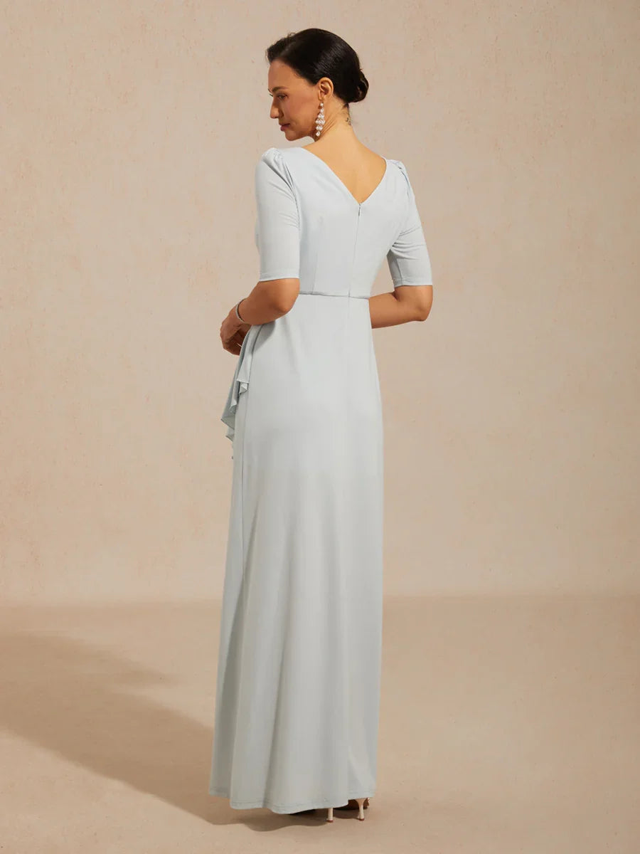 Boat Neck Ruffle A-Line Maxi Dress with Rhinestone Neck Detail