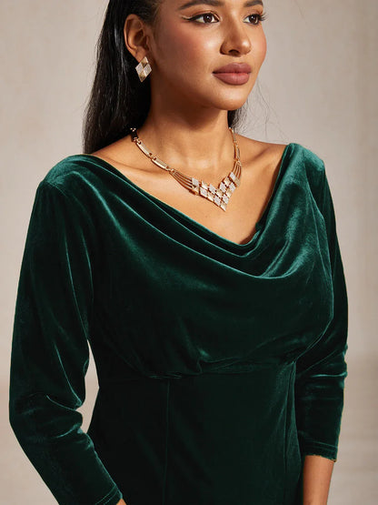 High-Stretch Velvet Sleeveless Midi Dress with Cowl Neck