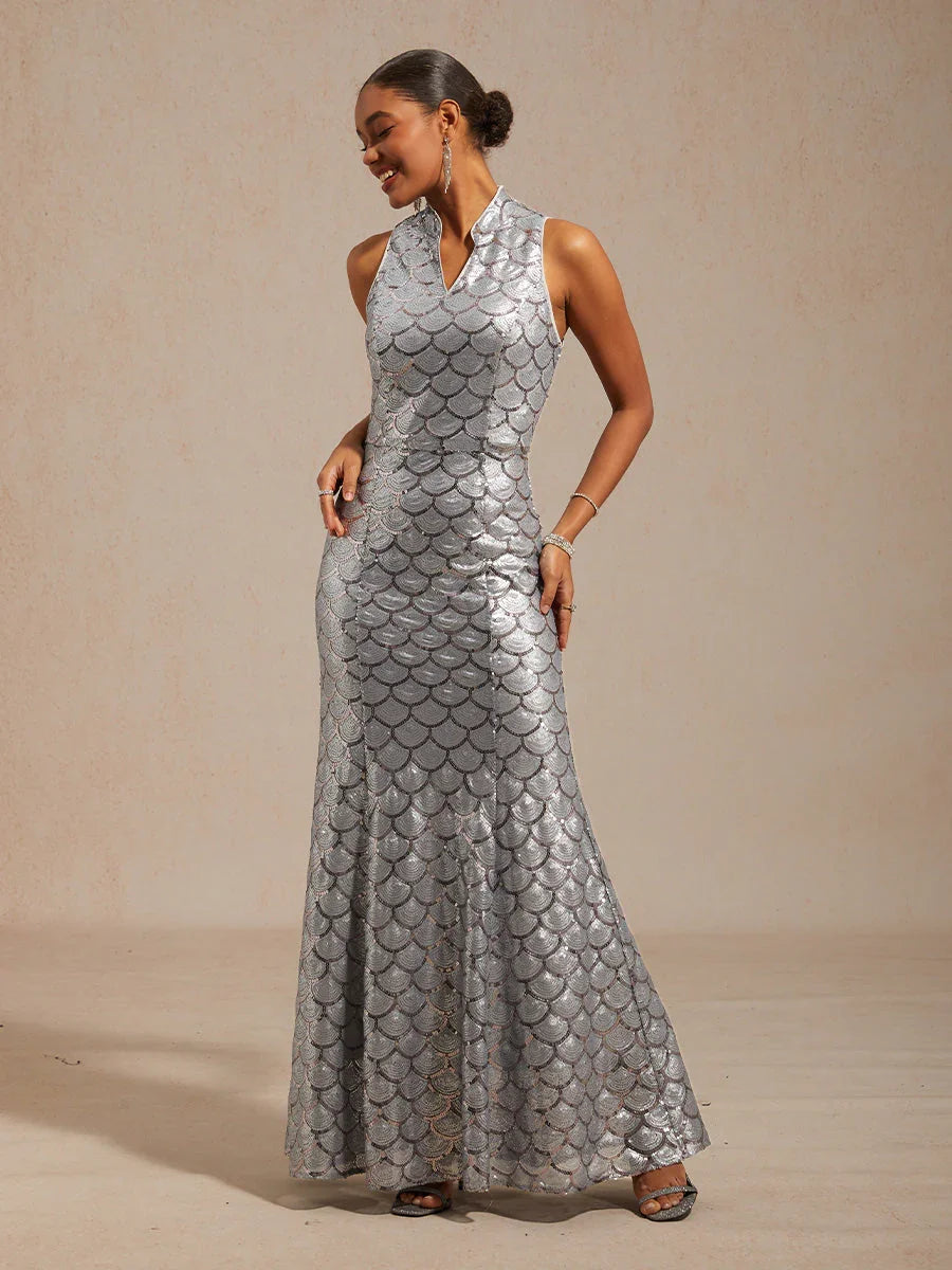 Sleeveless Fitted Mermaid Dress with Sequins