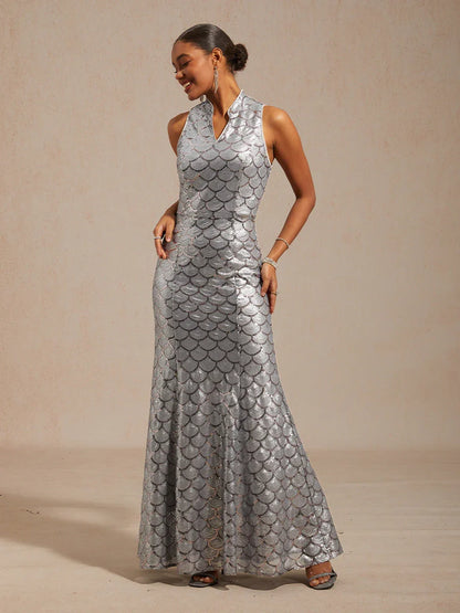 Sleeveless Fitted Mermaid Dress with Sequins