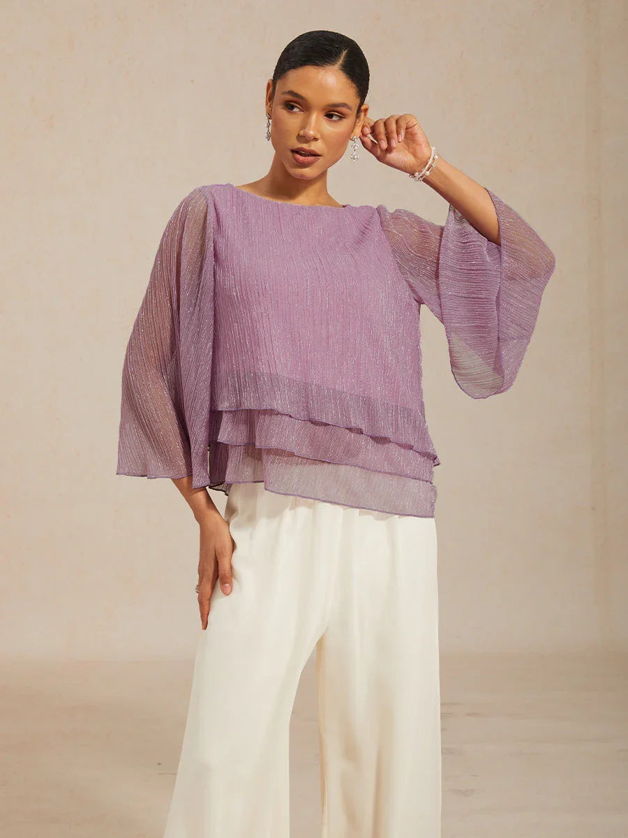 Asymmetrische Lagenbluse aus metallisch schimmerndem, plissiertem Chiffon