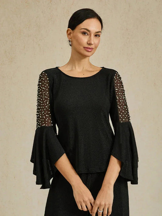 Beaded Illusion Metallic Knit Blouse