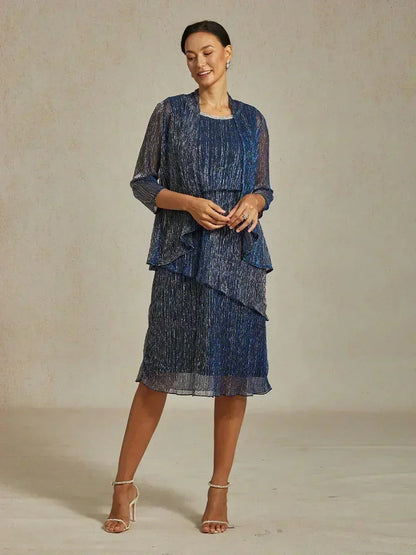 Metallic Pleated Chiffon Long Jacket Dress